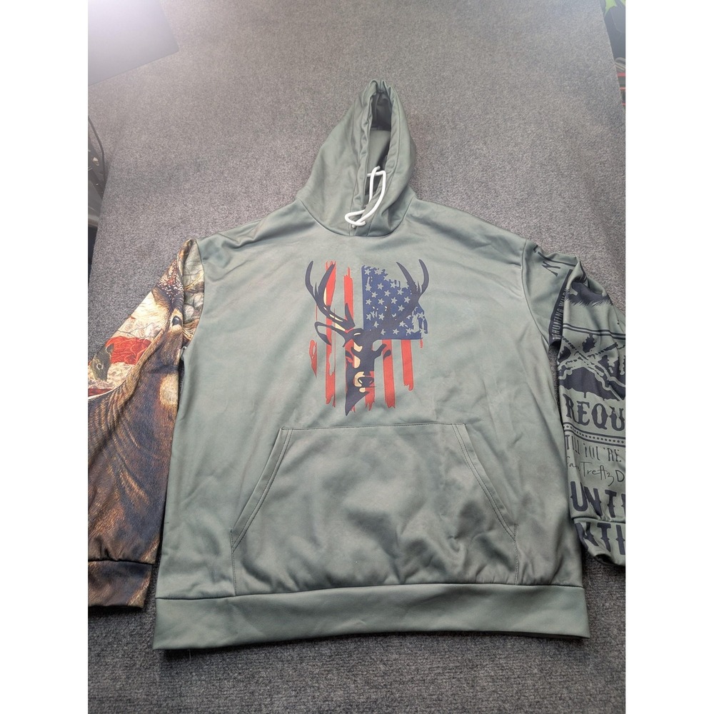 Deer American Flag Hoodie Mens XL Green Hunting Graphic Asymmetrical Sleeves‎